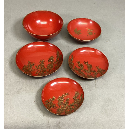Set Of 5 Japanese Hand Painted Floral Sake Cups Bowls