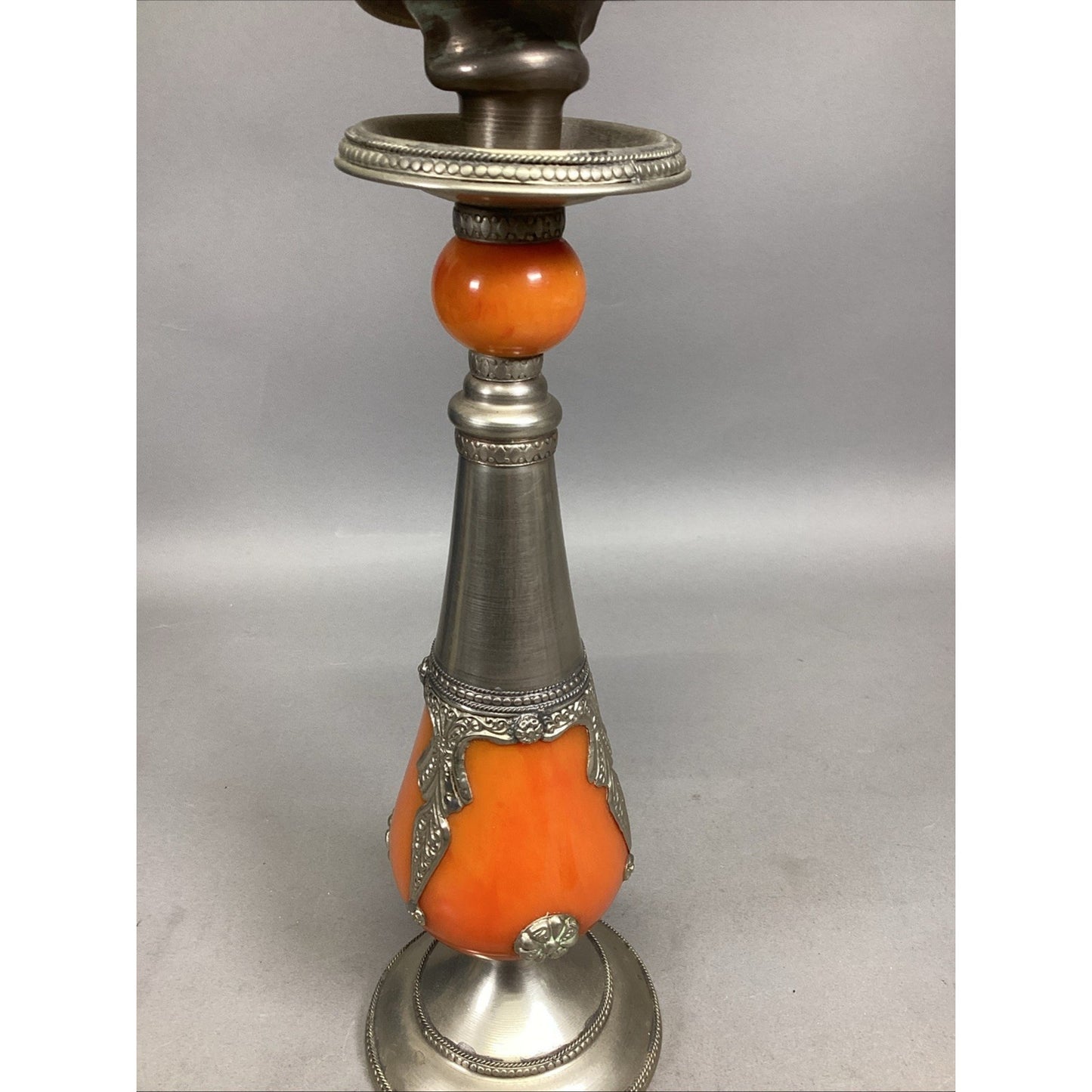VINTAGE ORNATE Orange METAL/Bakelite CANDLESTICK CANDLE HOLDER - 13.5”H