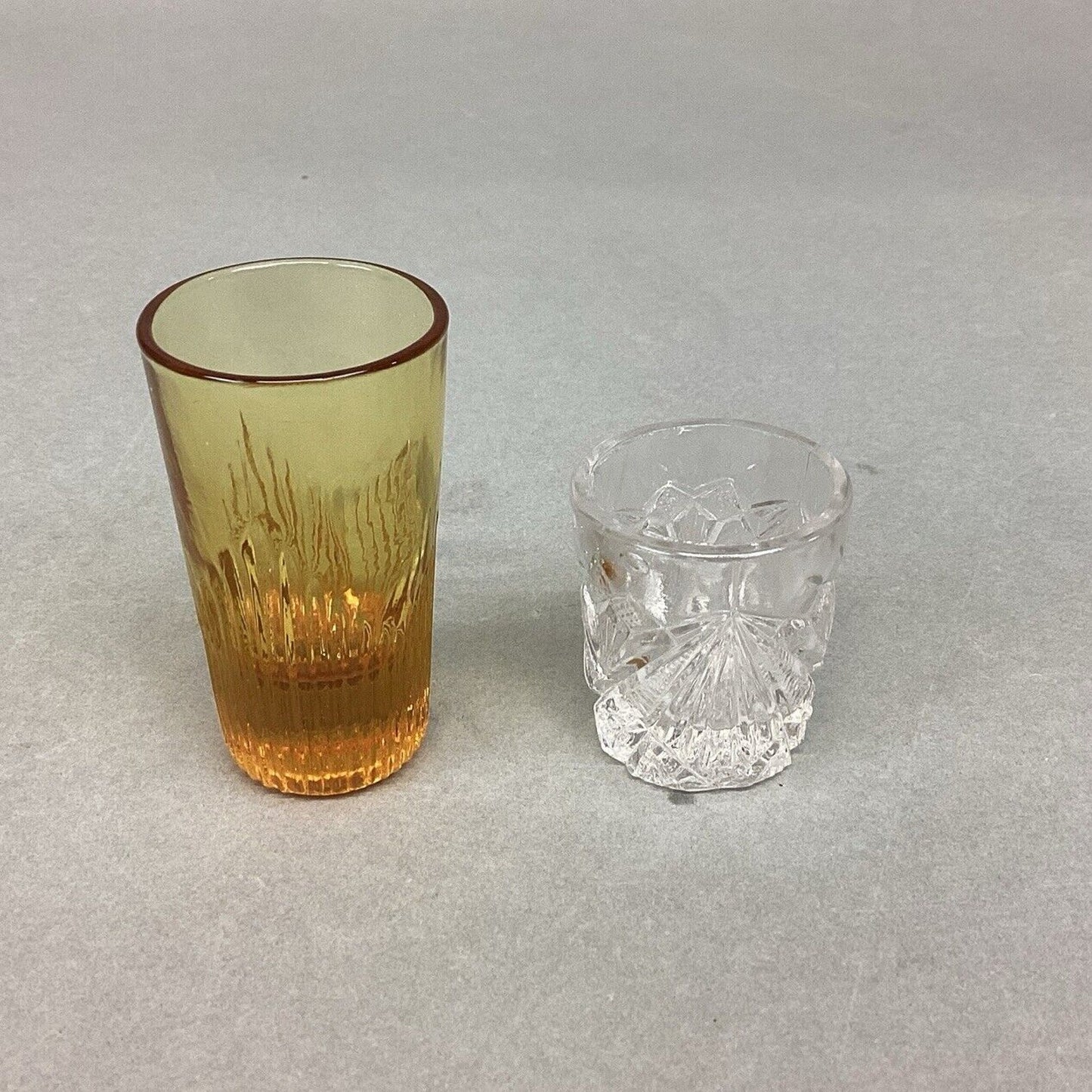 Vintage 1950’s Amber Colored Shot Glass & VTG Clear Shot Glass