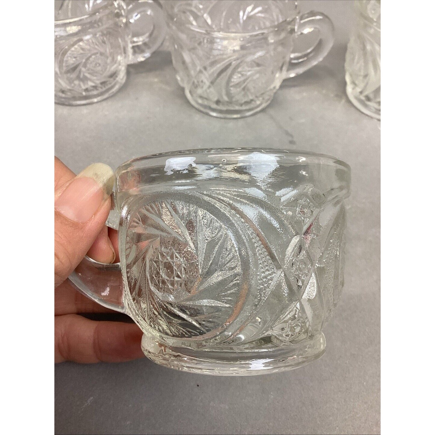 L.E. Smith Aztec Carved Crystal Glass Punch Bowl Cups - Set Of 7