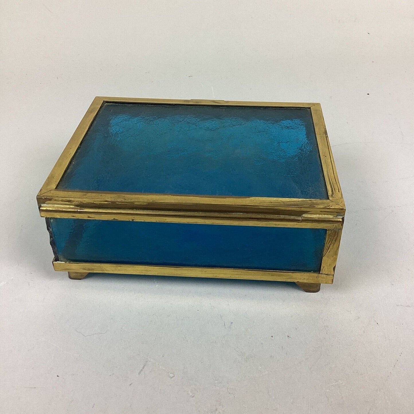 Vintage Blue Etched Glass With Gold Trim Jewelry Box Trinket Box