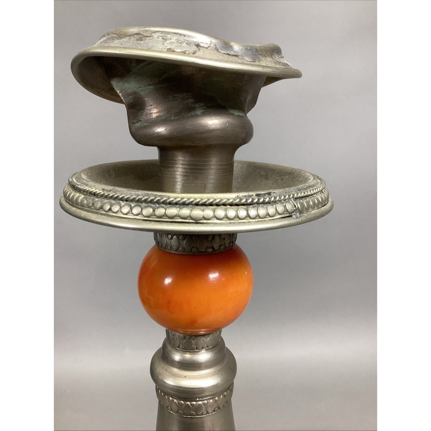 VINTAGE ORNATE Orange METAL/Bakelite CANDLESTICK CANDLE HOLDER - 13.5”H