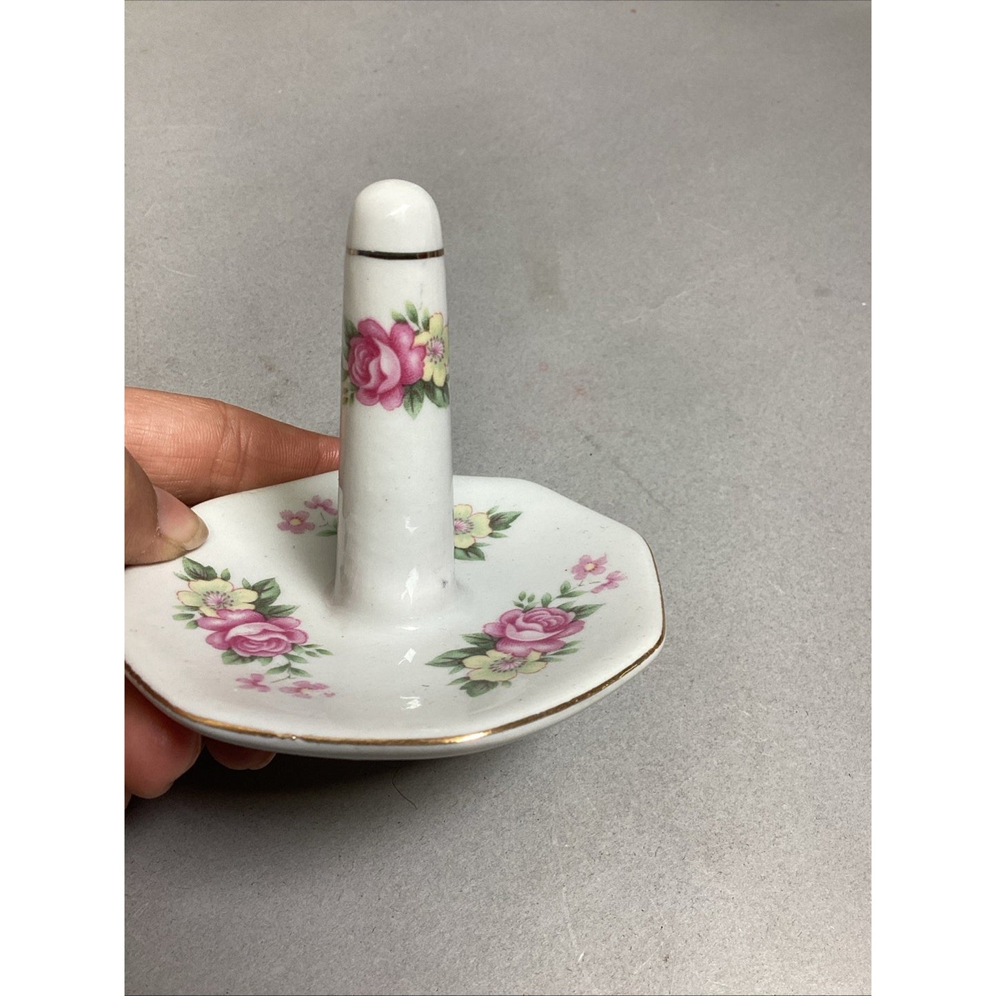 Vintage Porcelain Ring Holder Trinket Dish Pink & Yellow Flowers & Gold Trim