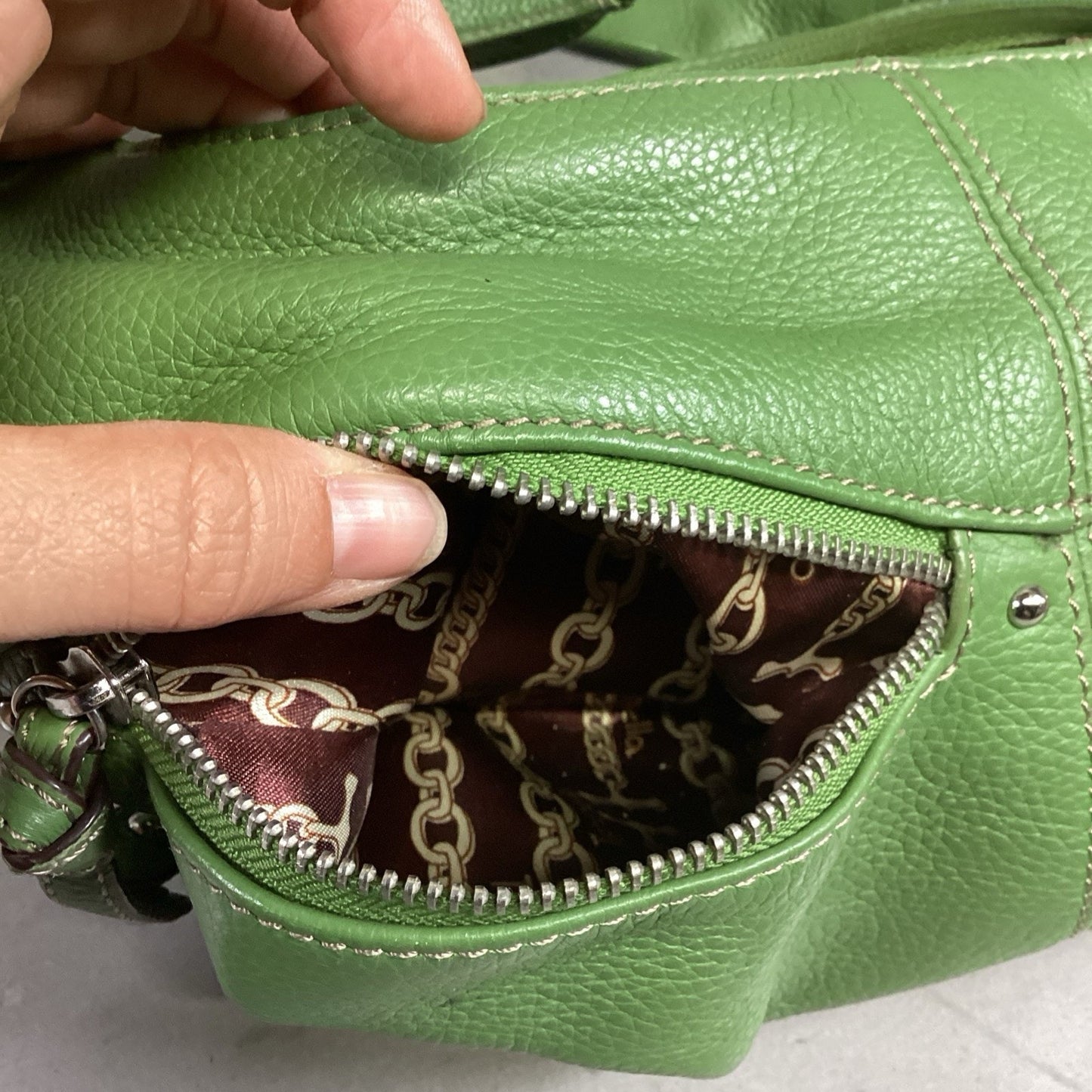 TIGNANELLO Double Handle Green Pebbled Leather Satchel Shoulder Bag Purse