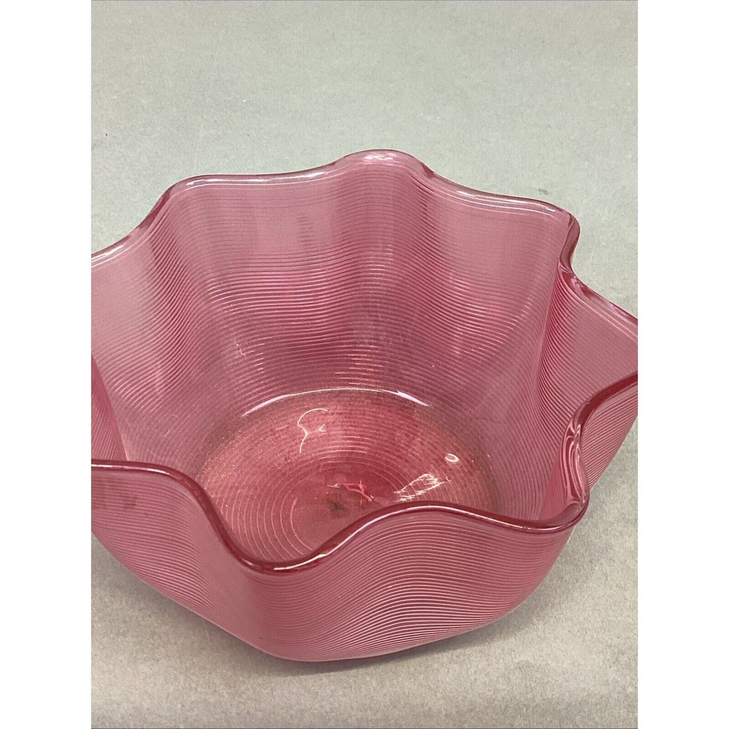 Antique Stephens & Williams Cranberry Glass Threaded Ribbed Finger Bowl - 5.5x3”