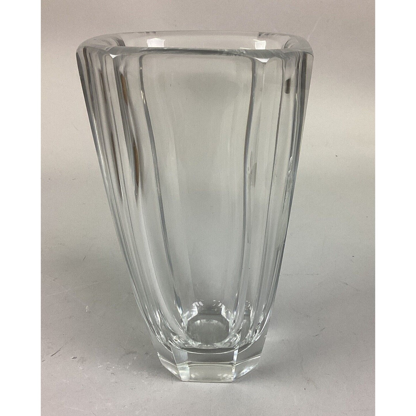 Orrefors Glass Flower Vase Featuring A Girl With Flowers Etched In Glass- 7 3/4”