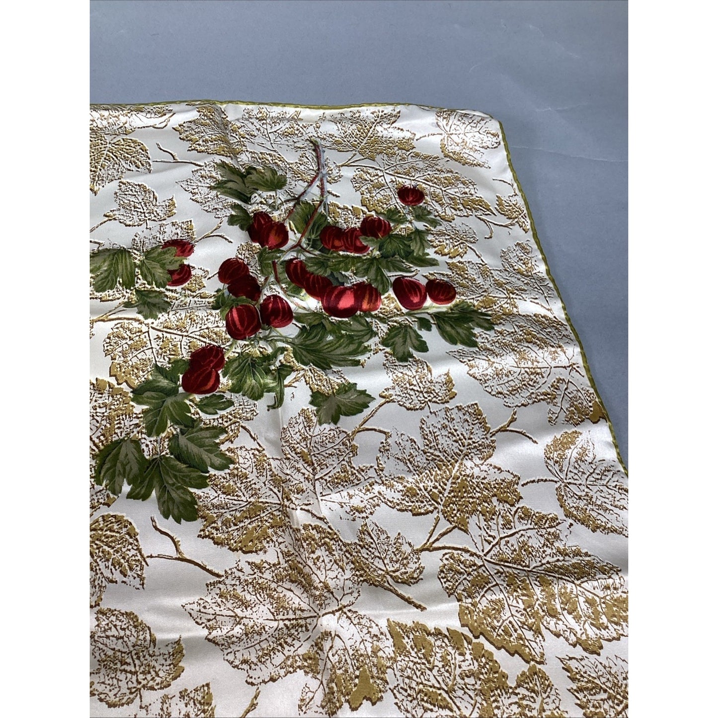 100% Silk Scarf W/ Leaves And Berries - 30x30”