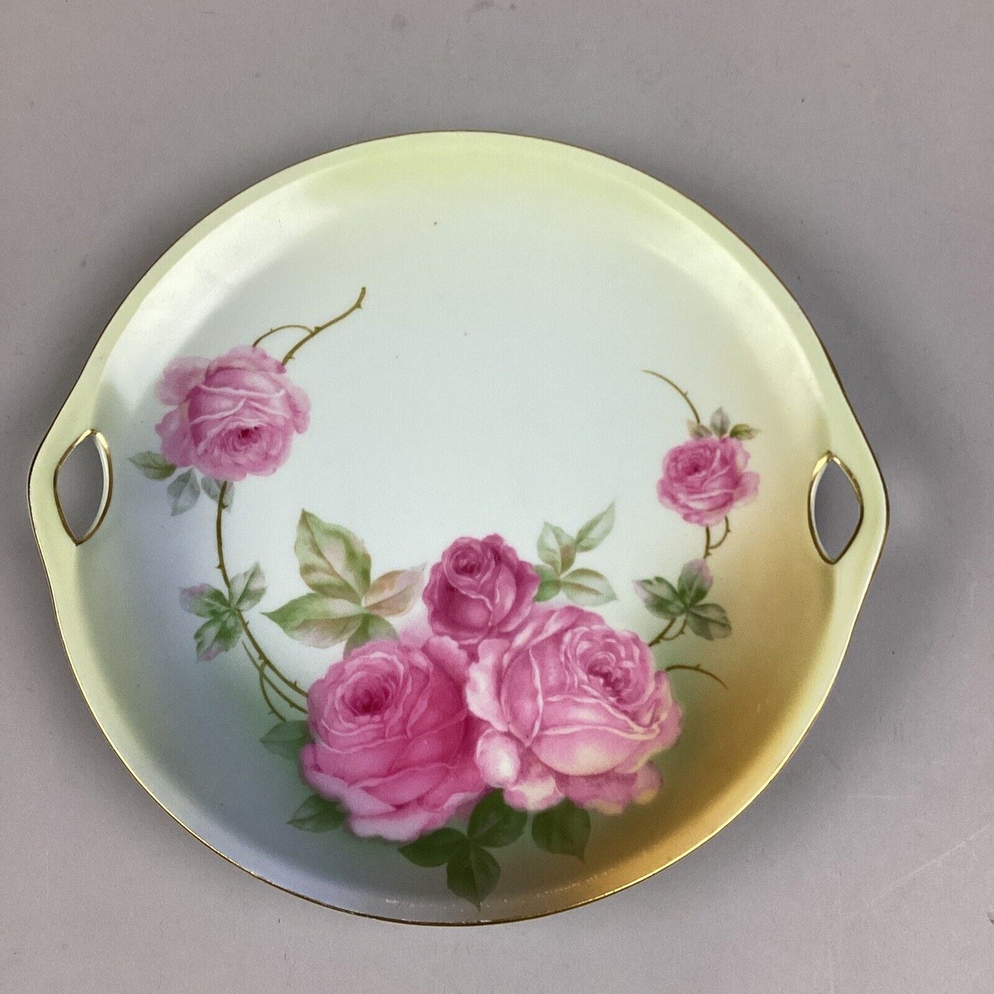 Antique German Roses Cookie Cake Dessert Serving Dish With Gold Trim & Handles