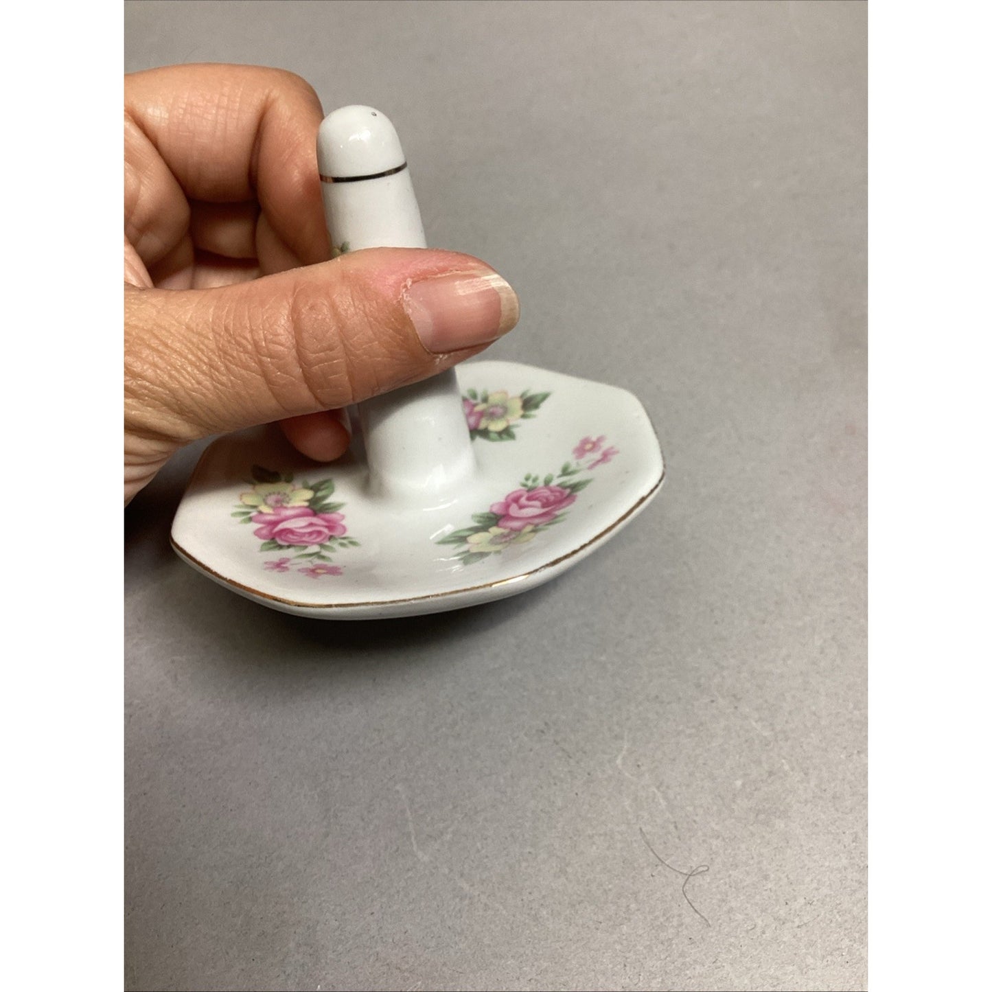 Vintage Porcelain Ring Holder Trinket Dish Pink & Yellow Flowers & Gold Trim