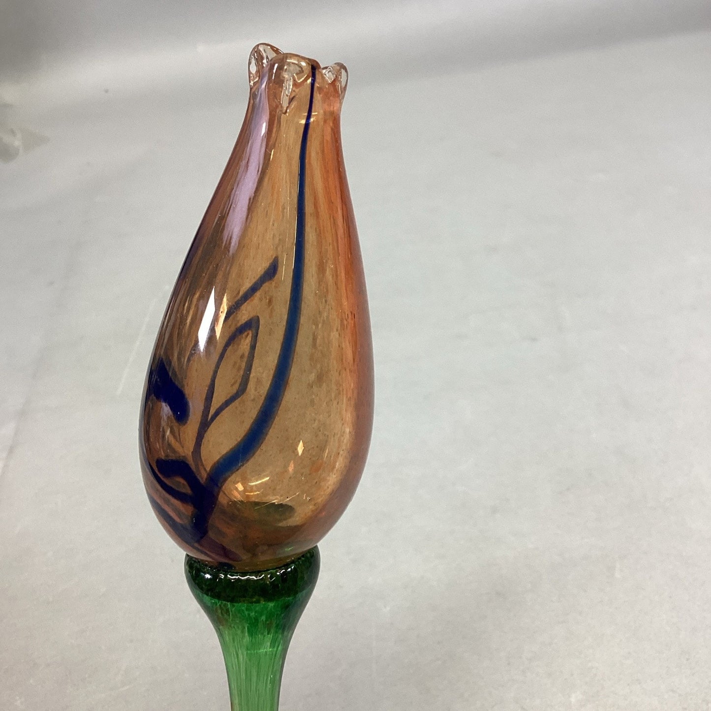 Handblown Peach Blue Green Glass Flower And Stem - 23”L