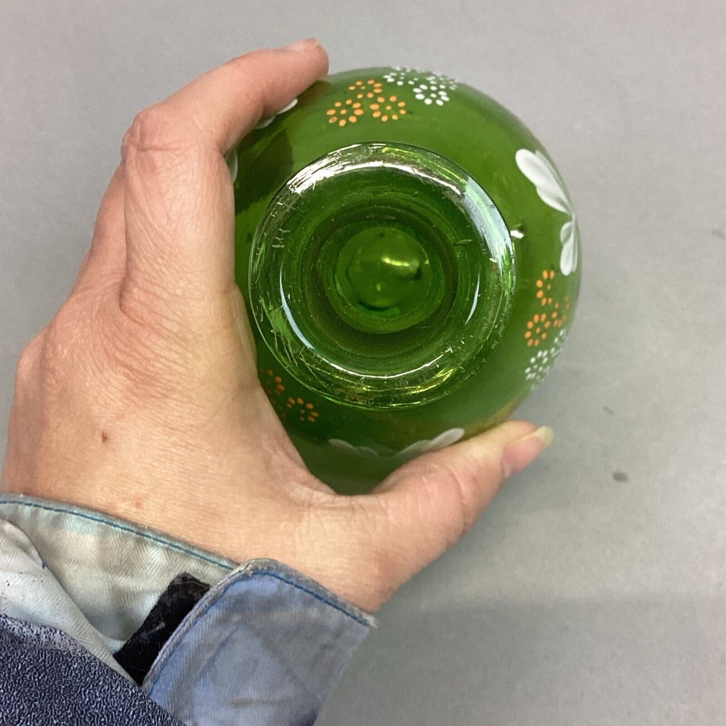 Green Glass Vase With Hand Painted Flowers - 6.75”