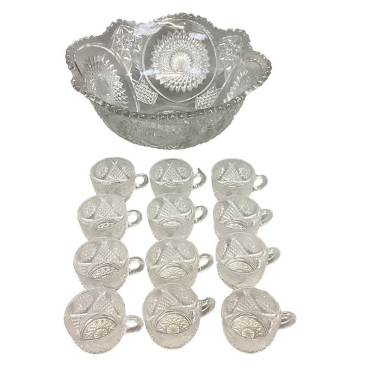 Vintage Decorative Glass Cut Glass Fruit Punch Bowl And 12 Cups Set