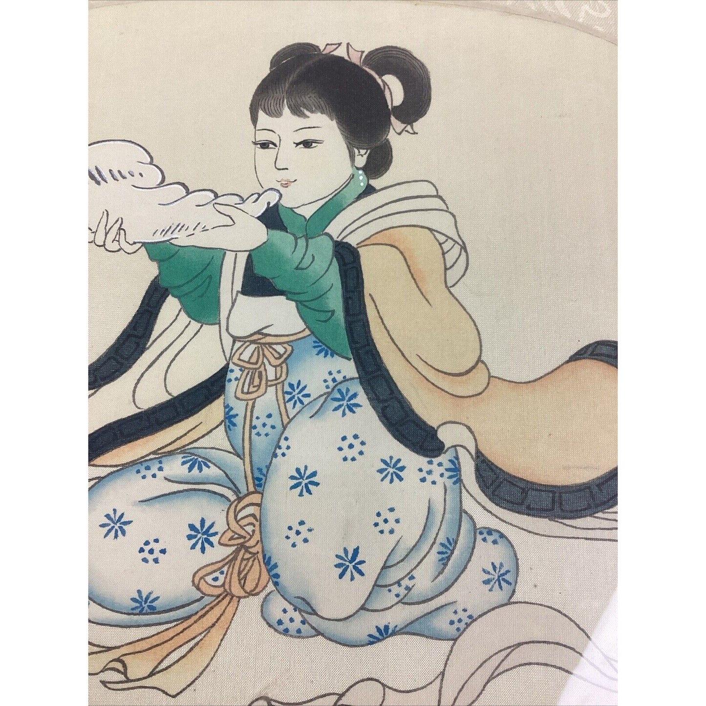Antique Chinese Watercolor Painting On Silk - Girl Playing Instrument