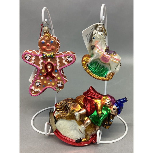3 Radko Gingerbread Man And Rocking Horses Glass Christmas Ornaments - Damaged