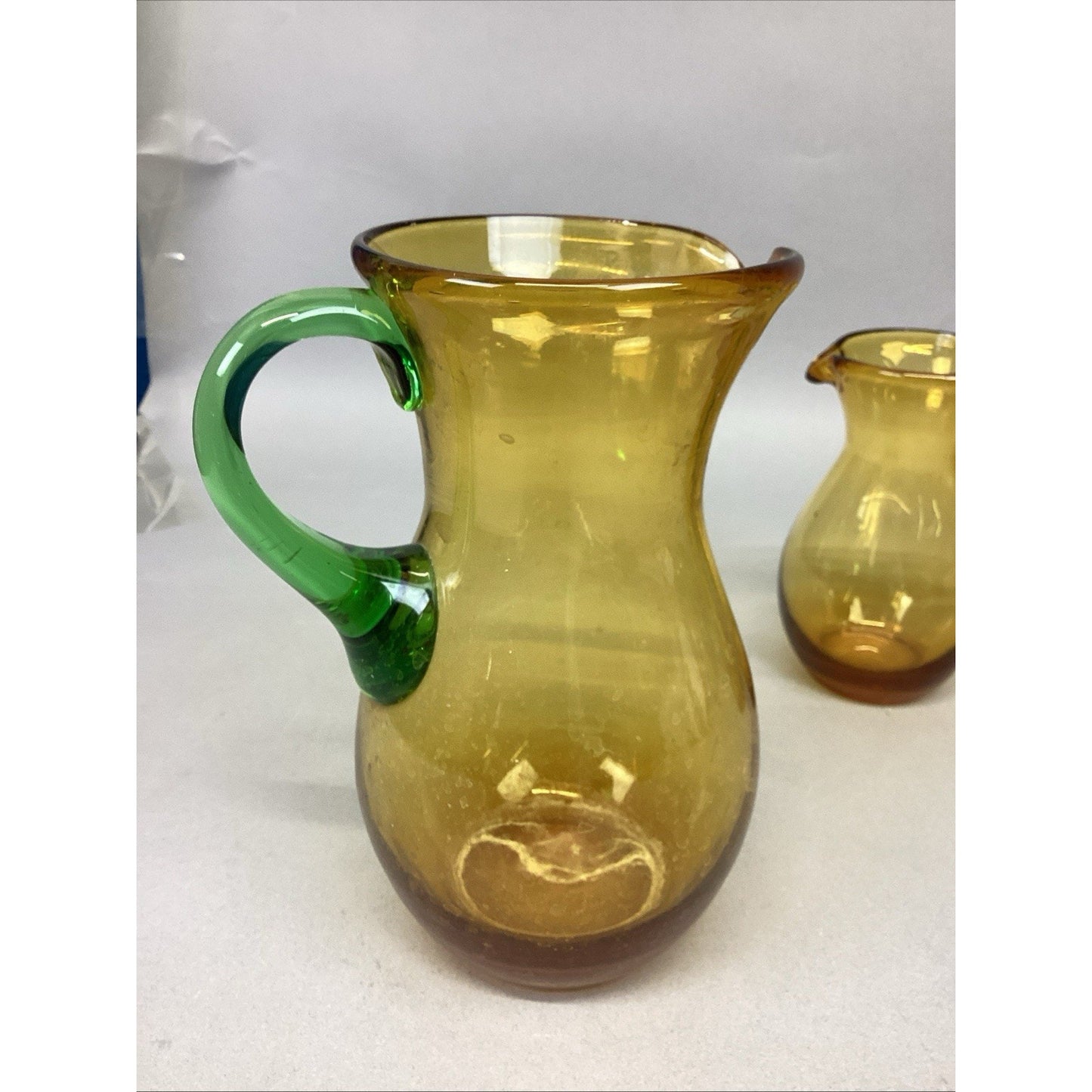 Set Of 3 Art Bubble Glass Hand Blown Pitcher W/ Amber Green Attached Handle