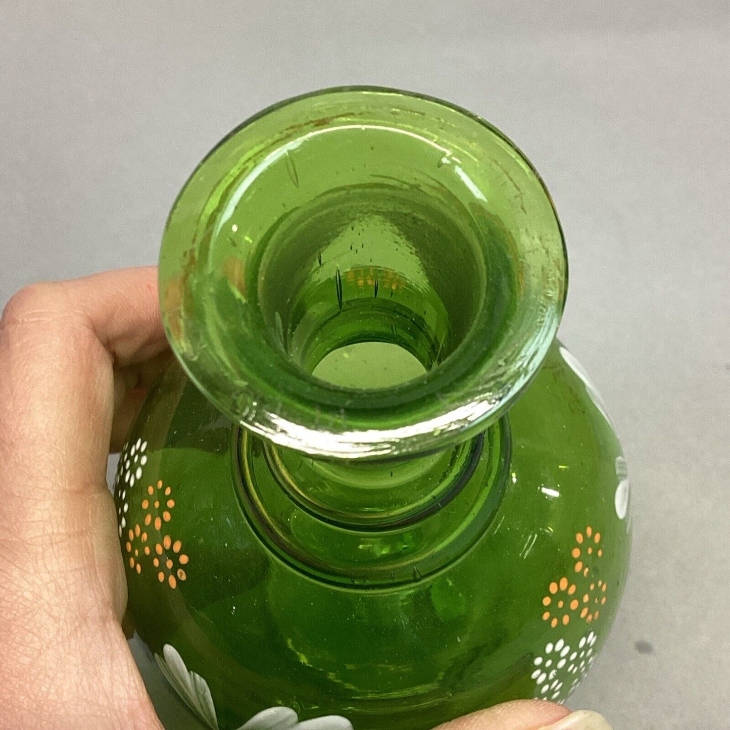 Green Glass Vase With Hand Painted Flowers - 6.75”