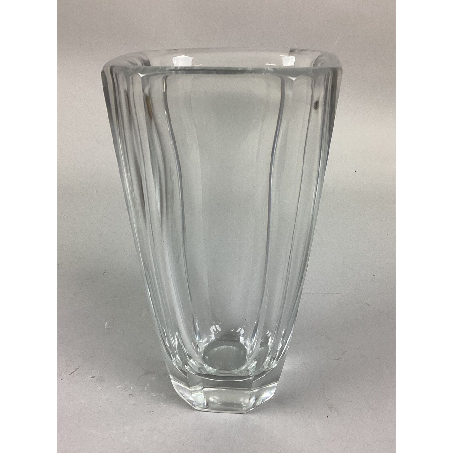 Orrefors Glass Flower Vase Featuring A Girl With Flowers Etched In Glass- 7 3/4”