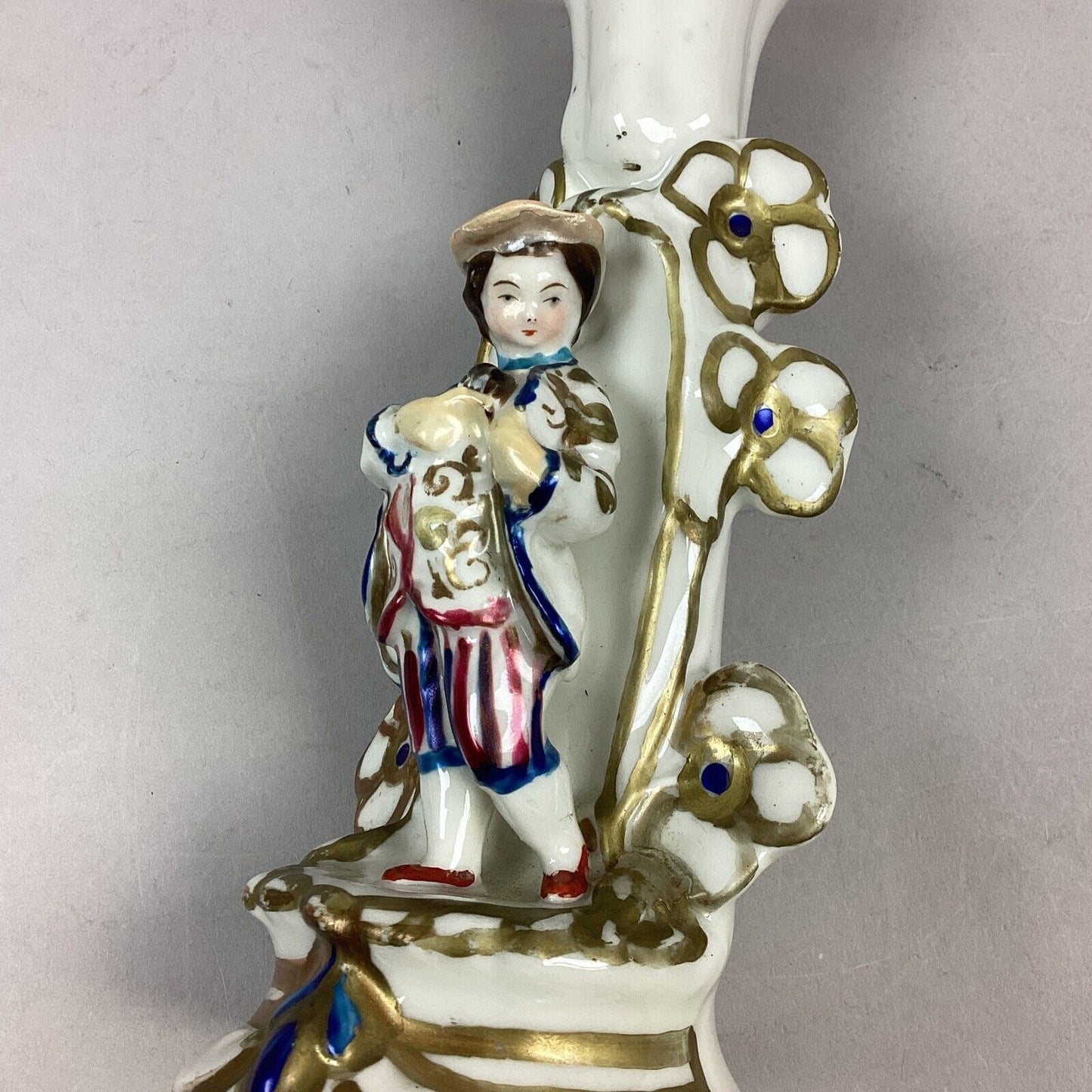 Antique Asian Chinese Porcelain Hand Painted Gold Gilt Figural Candlesticks 7.5”