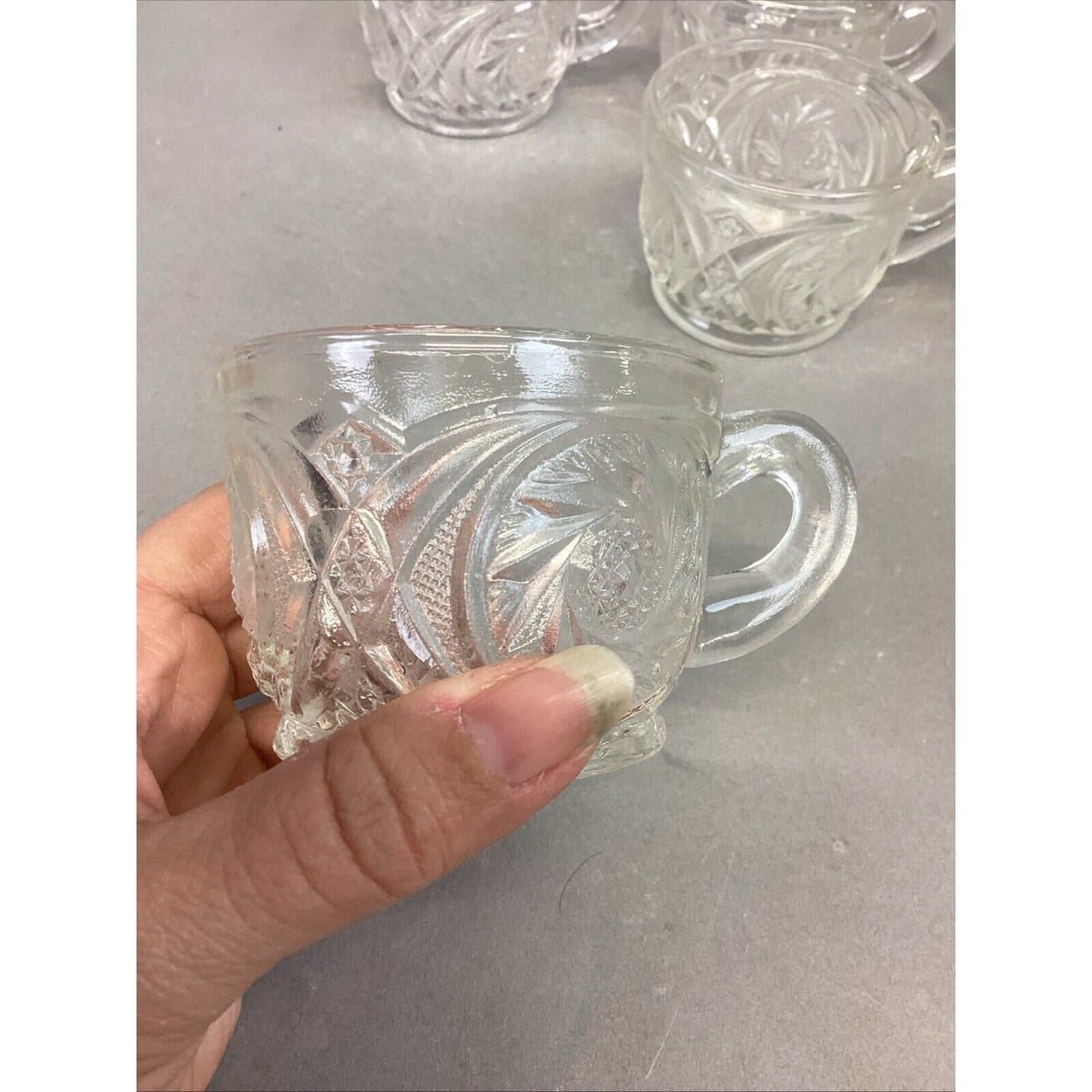 L.E. Smith Aztec Carved Crystal Glass Punch Bowl Cups - Set Of 7