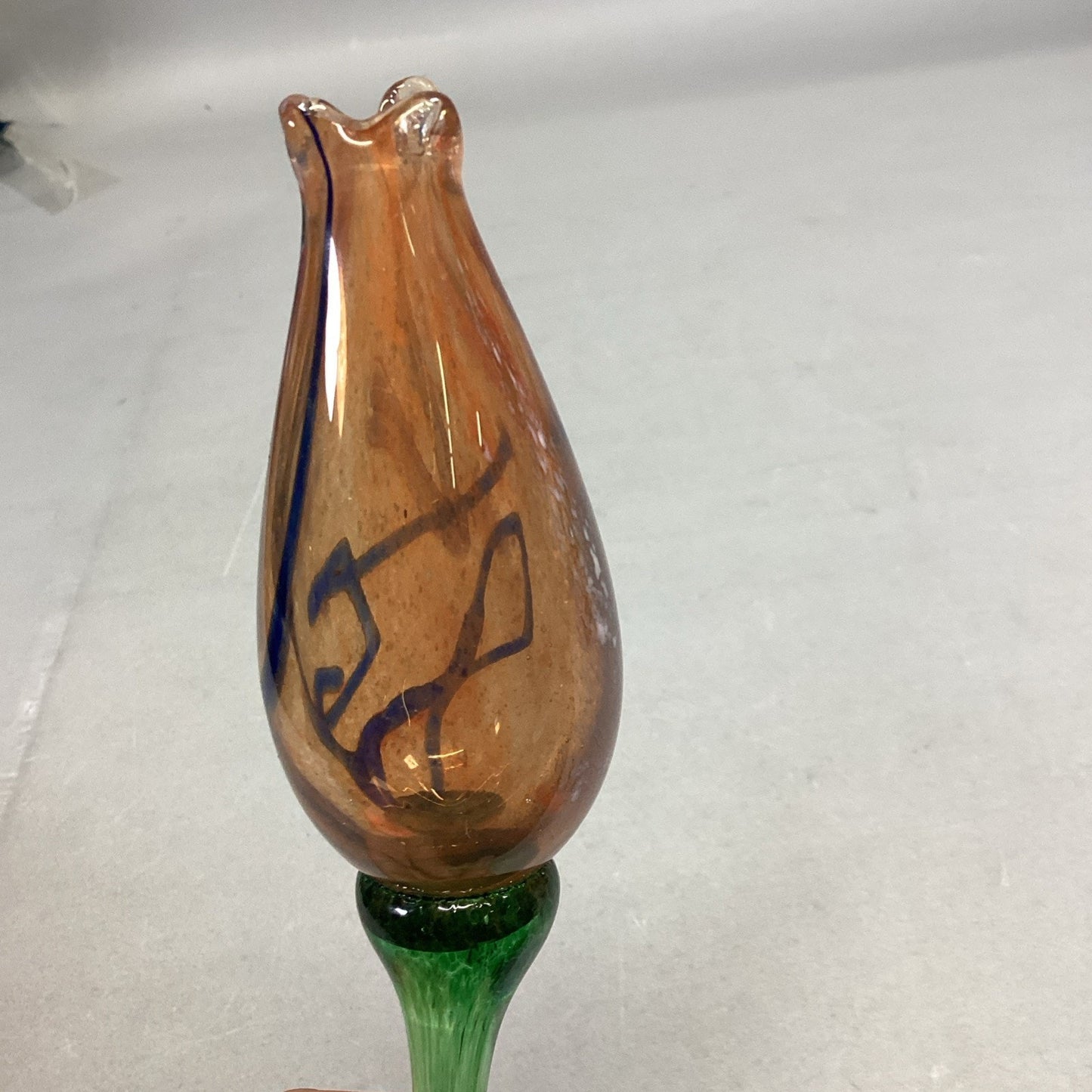 Handblown Peach Blue Green Glass Flower And Stem - 23”L