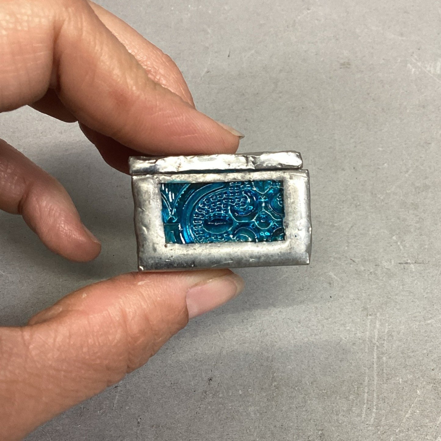 Vintage Handmade Blue Floral Stained Glass Trinket Box - 1.25”D - Indonesia