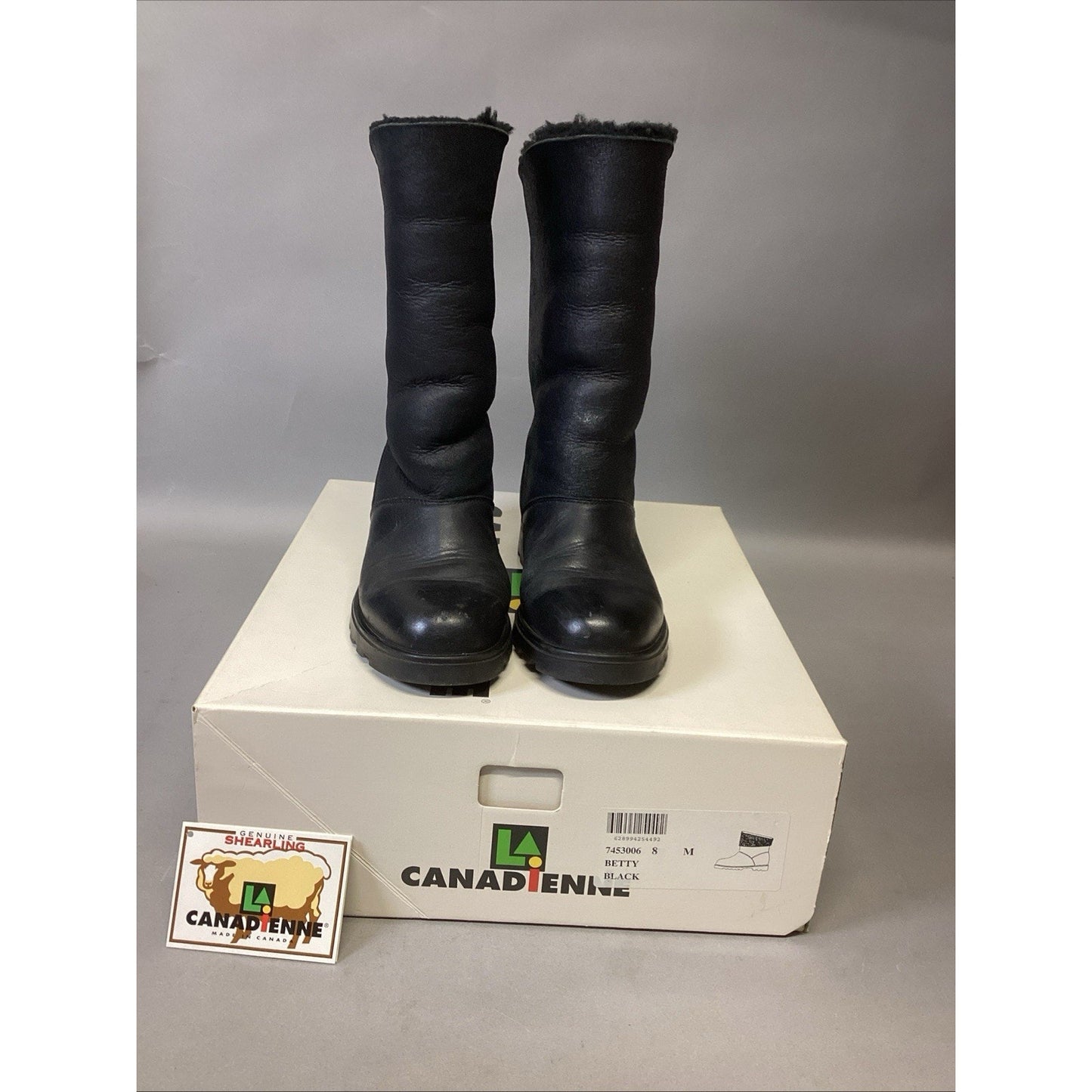 LA CANADIENNE Betty Black Genuine Shearling Fur Lined Mid Calf Boots - 8M