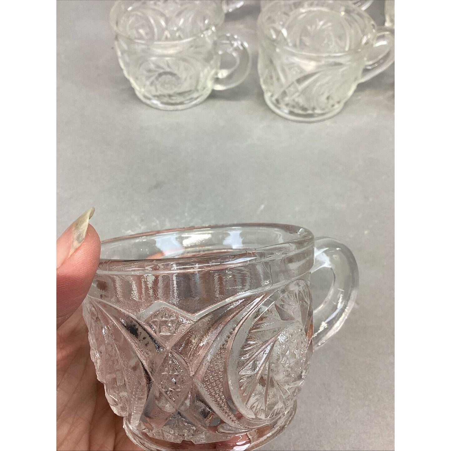 L.E. Smith Aztec Carved Crystal Glass Punch Bowl Cups - Set Of 7