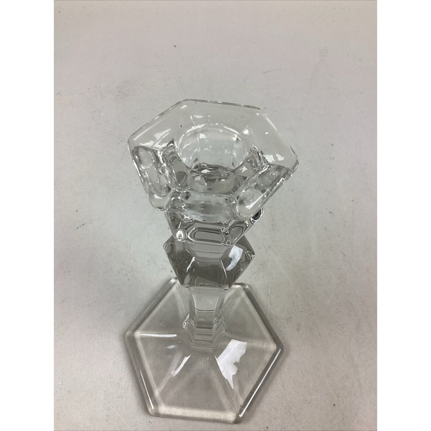 Elegant Clear Glass Candle Holder With Hexagon Base - 8”H