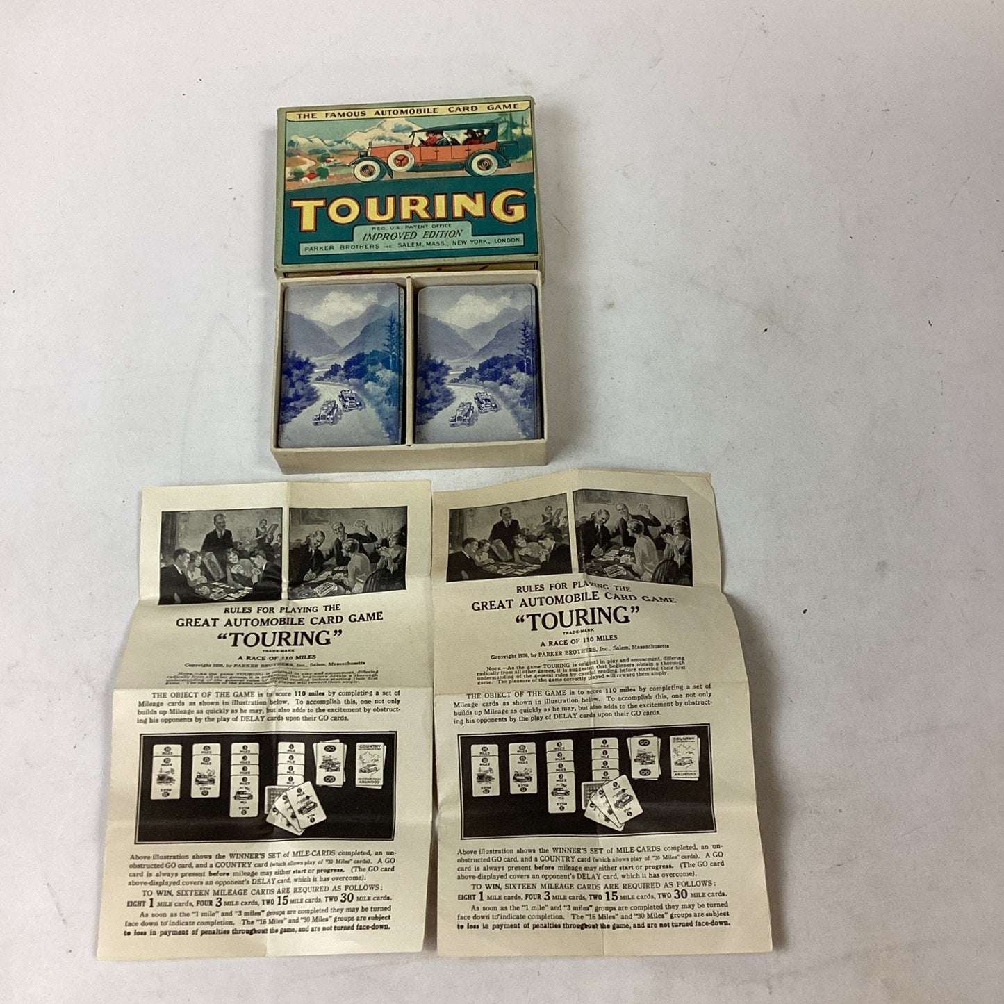 1926 VTG Parker Brothers Touring Card Game Original Box & 2 Instruction Books