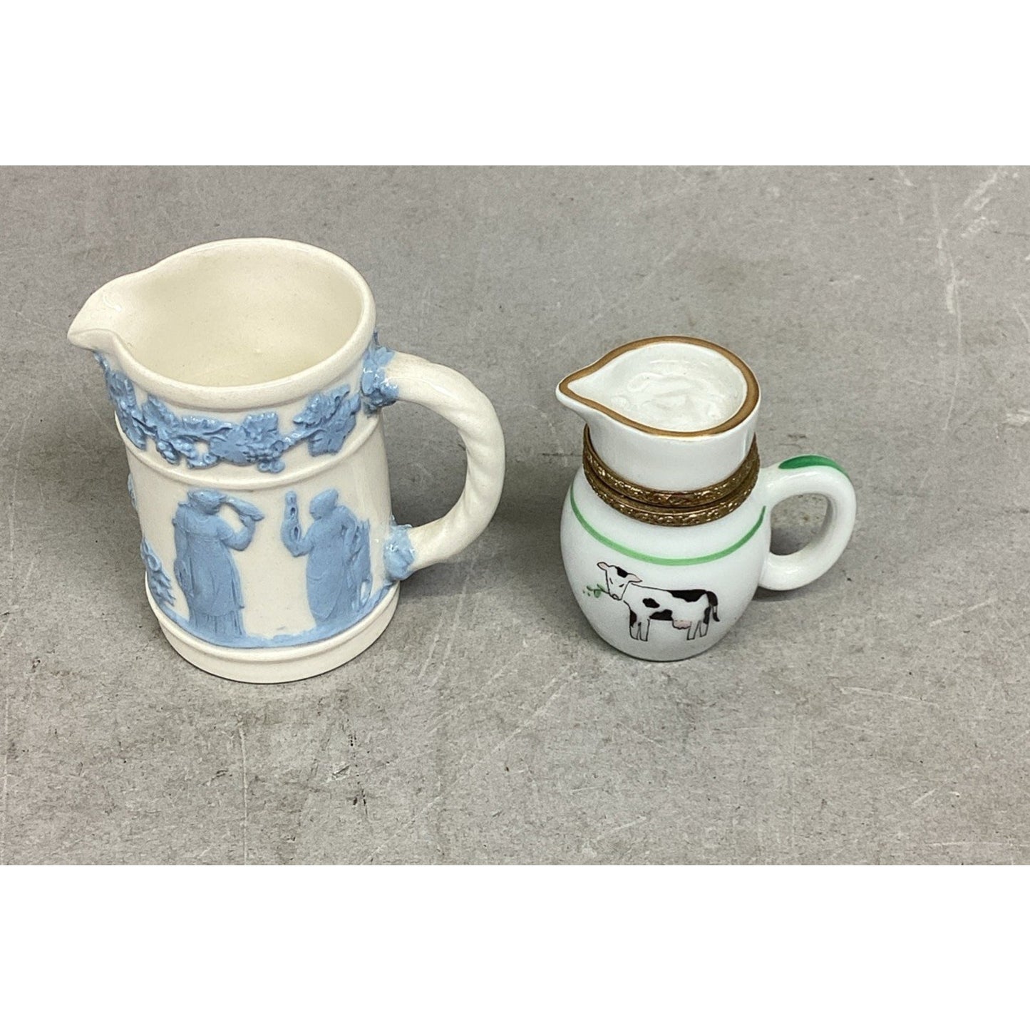 Wedgwood Embossed Queen's Ware Mini Pitcher & Limoges Cow Trinket Jug Figurine
