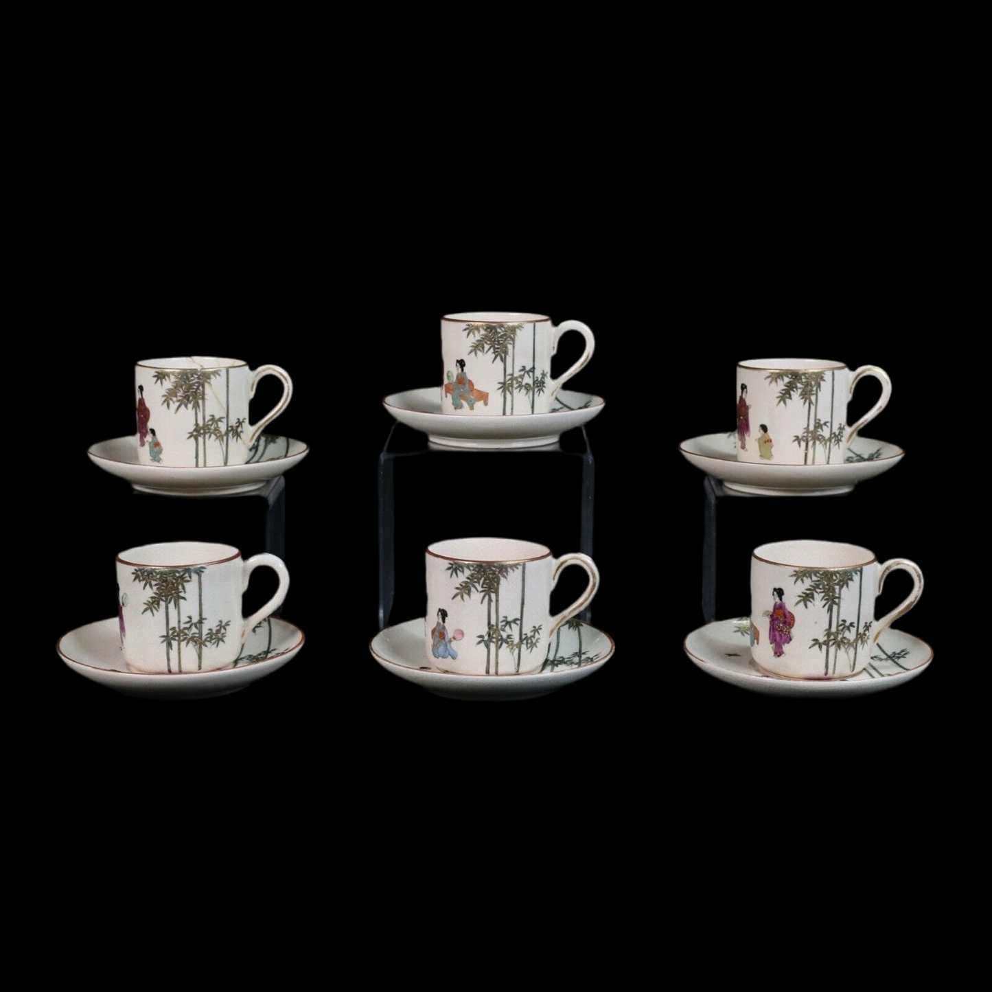 6 Satsuma Japanese Porcelain Cups & Saucers