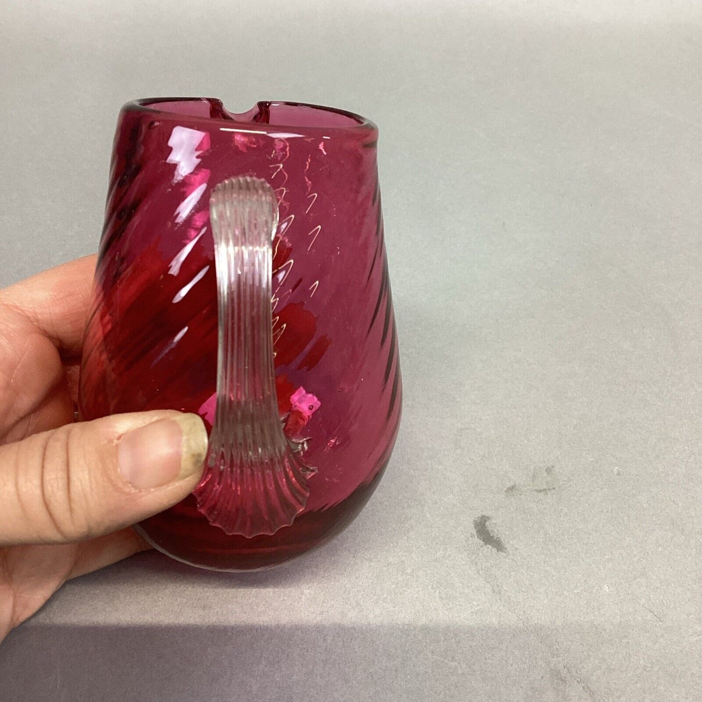 Vintage Pilgrim Cranberry Glass Applied Handle Small Pitcher - 3 7/8”H