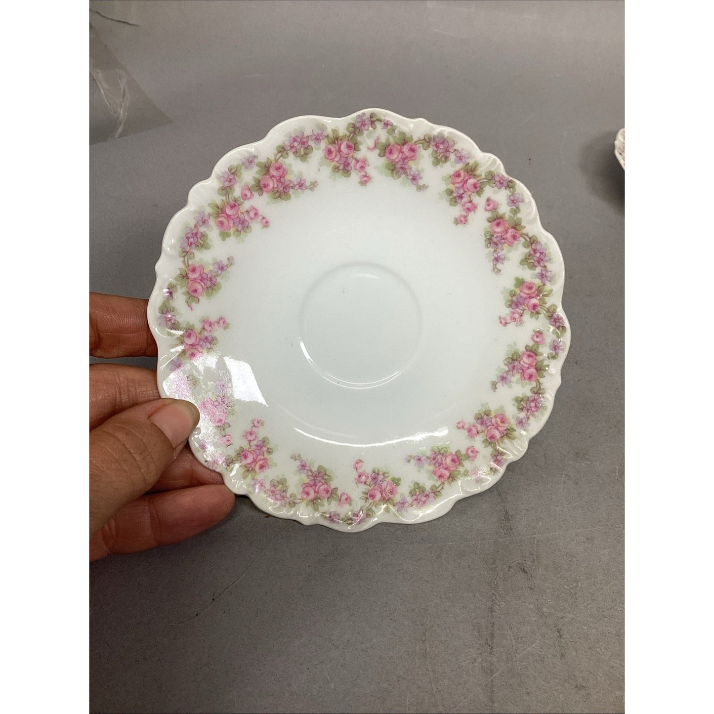 Set Of 10 Vintage Elite Works Limoges Scalloped Edge Saucers Pink Roses - 5-3/4”