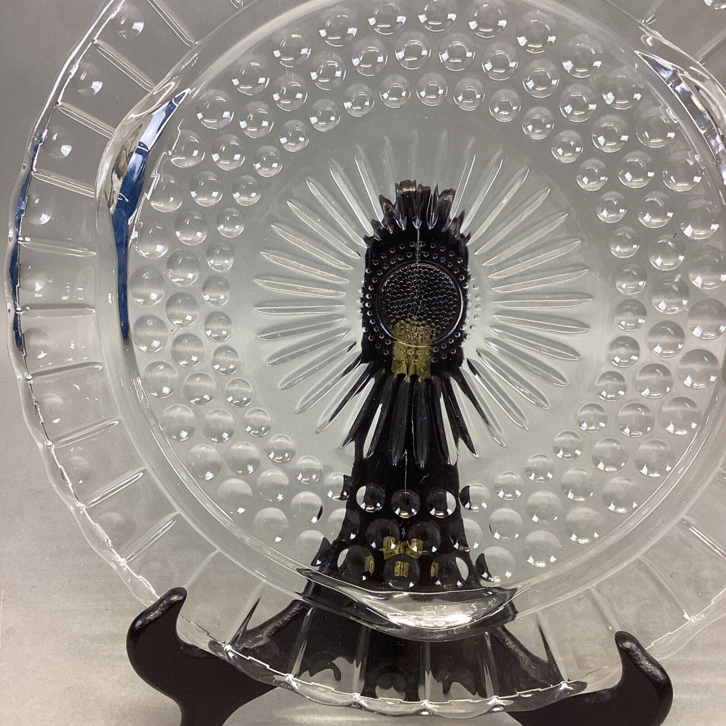 Vintage Federal Glass Cake Plate Footed Scalloped Edge Sunburst Bubble 11.25”D
