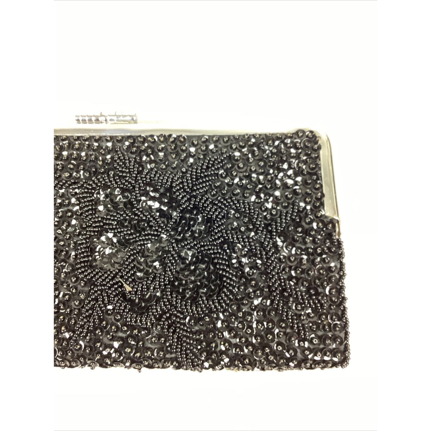 Vintage Black Beaded Fold Over Clutch Satin Beaded Side - 8”Lx4.25”H