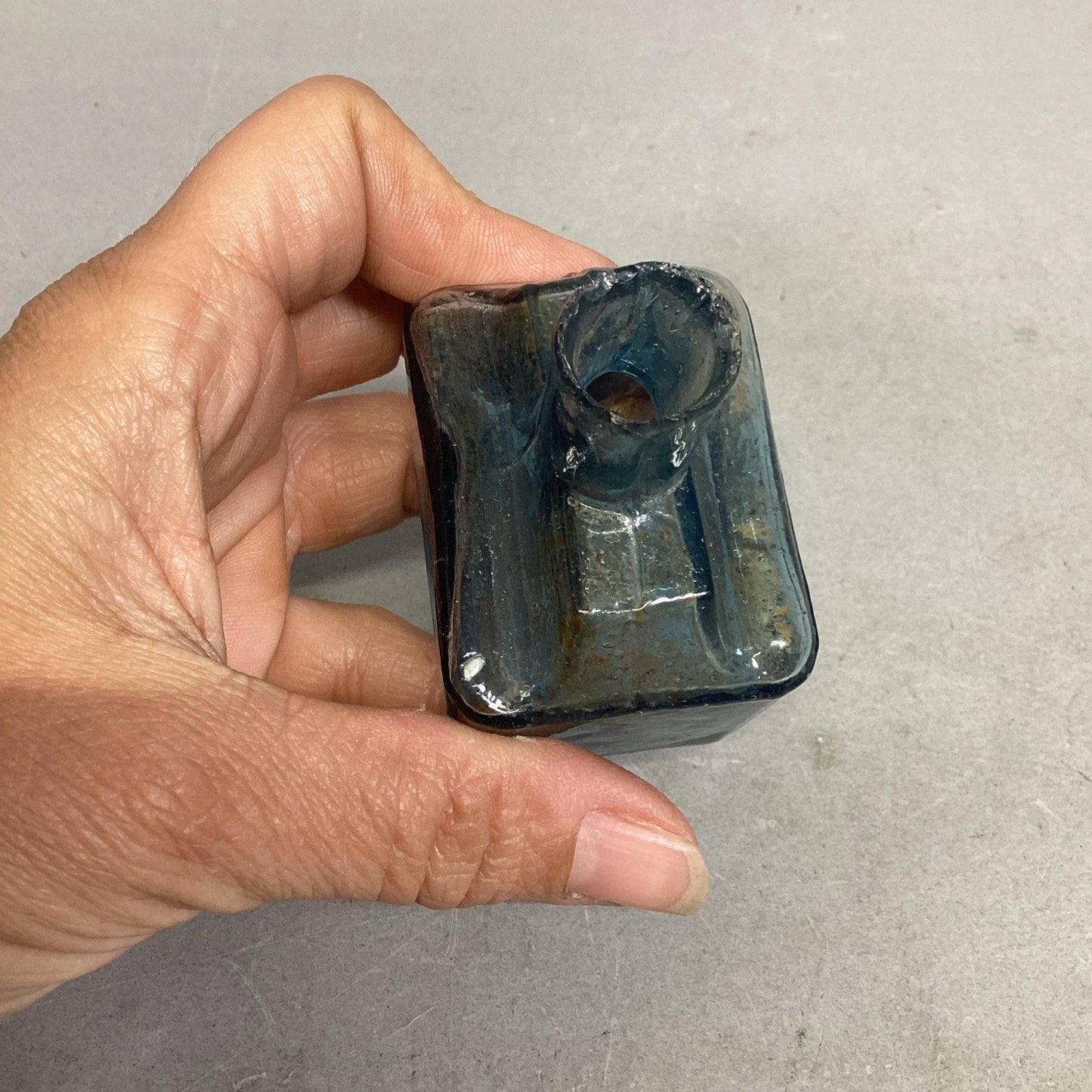 Antique Blue Burst Top Boat Glass Inkwell