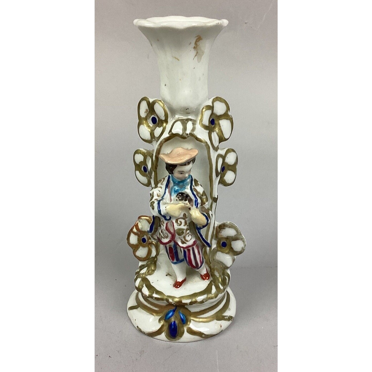 Antique Asian Chinese Porcelain Hand Painted Gold Gilt Figural Candlesticks 7.5”