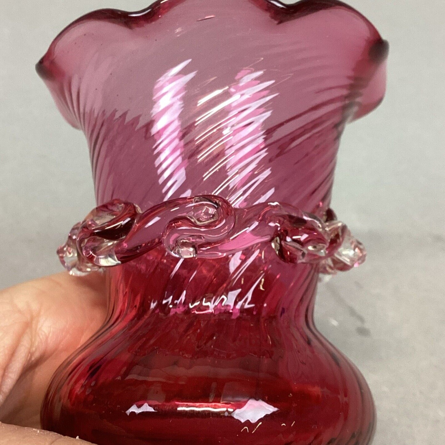 Vintage Hand Blown Pilgrim Glass Swirl Cranberry Vase - 3.5”H