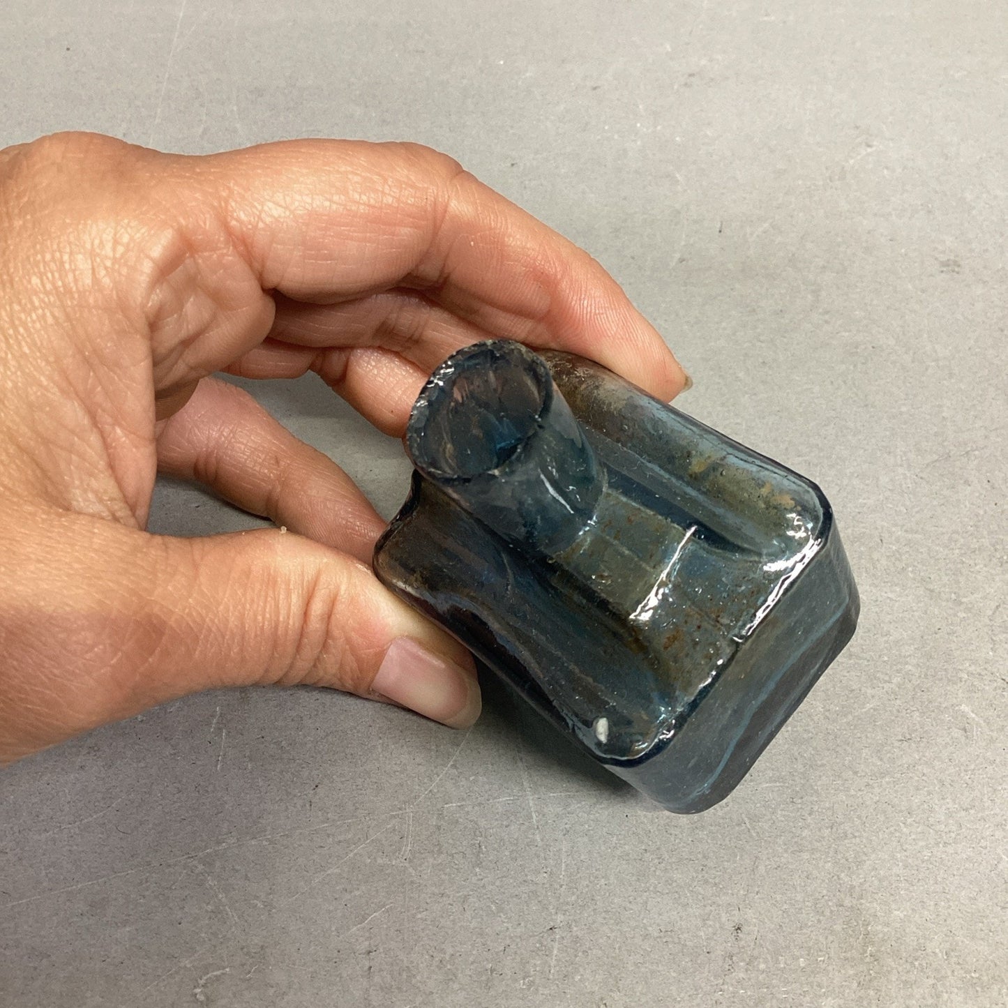 Antique Blue Burst Top Boat Glass Inkwell