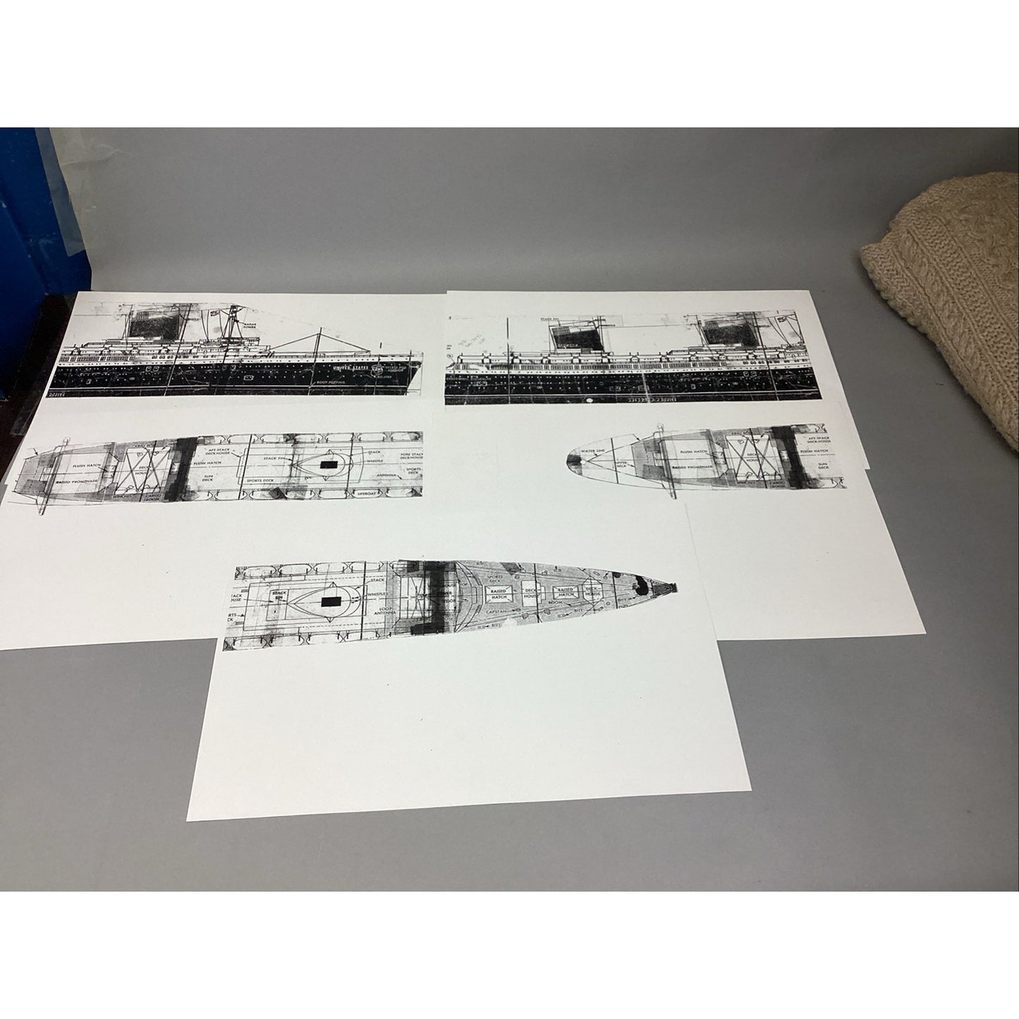 SS United States Model Ship Blue Prints - Interior/Exterior - 13 Sheets - 18x12”