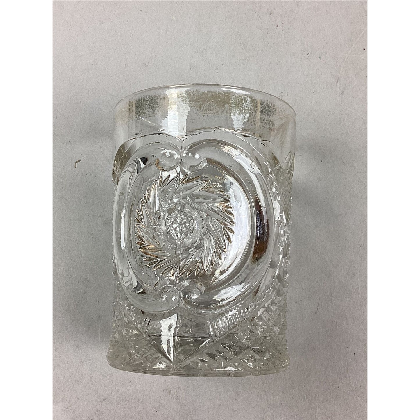 1907 Victoria Buzz Saw In Parenthesis US Glass Drinking Cup - 3 5/8”H