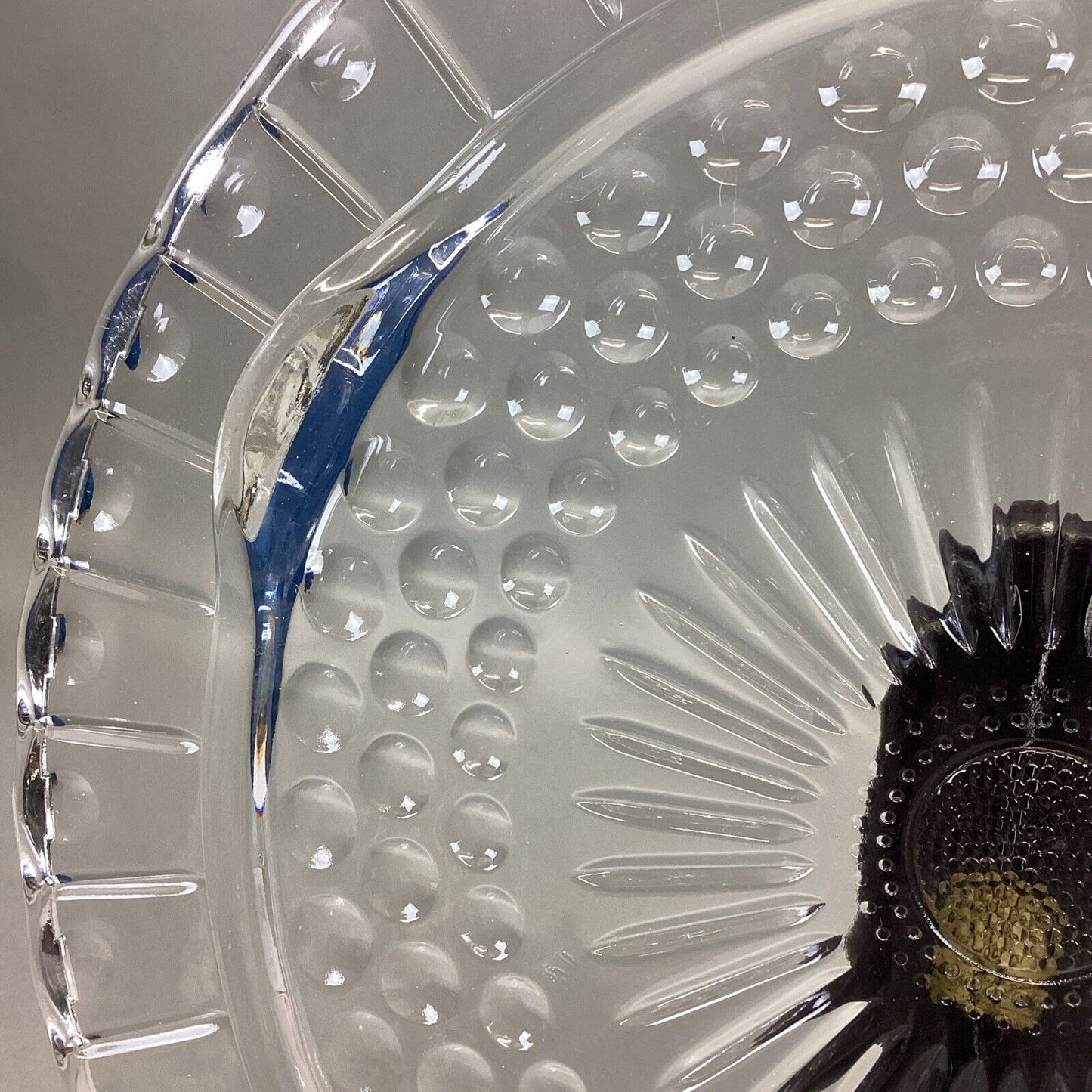 Vintage Federal Glass Cake Plate Footed Scalloped Edge Sunburst Bubble 11.25”D