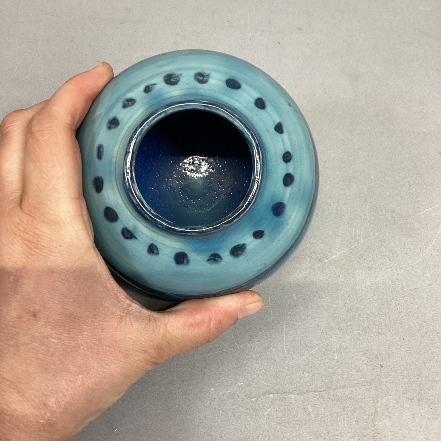 Handmade Pottery Clay Blue Stripe Vase - 3.25”Hx3.5”D