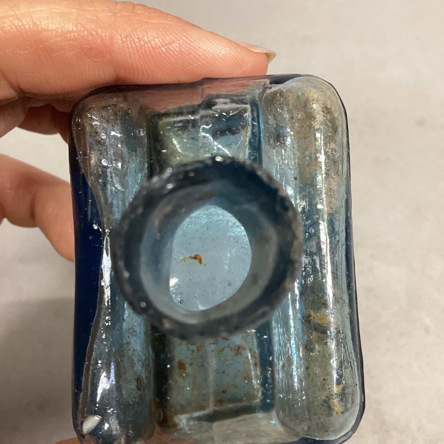 Antique Blue Burst Top Boat Glass Inkwell