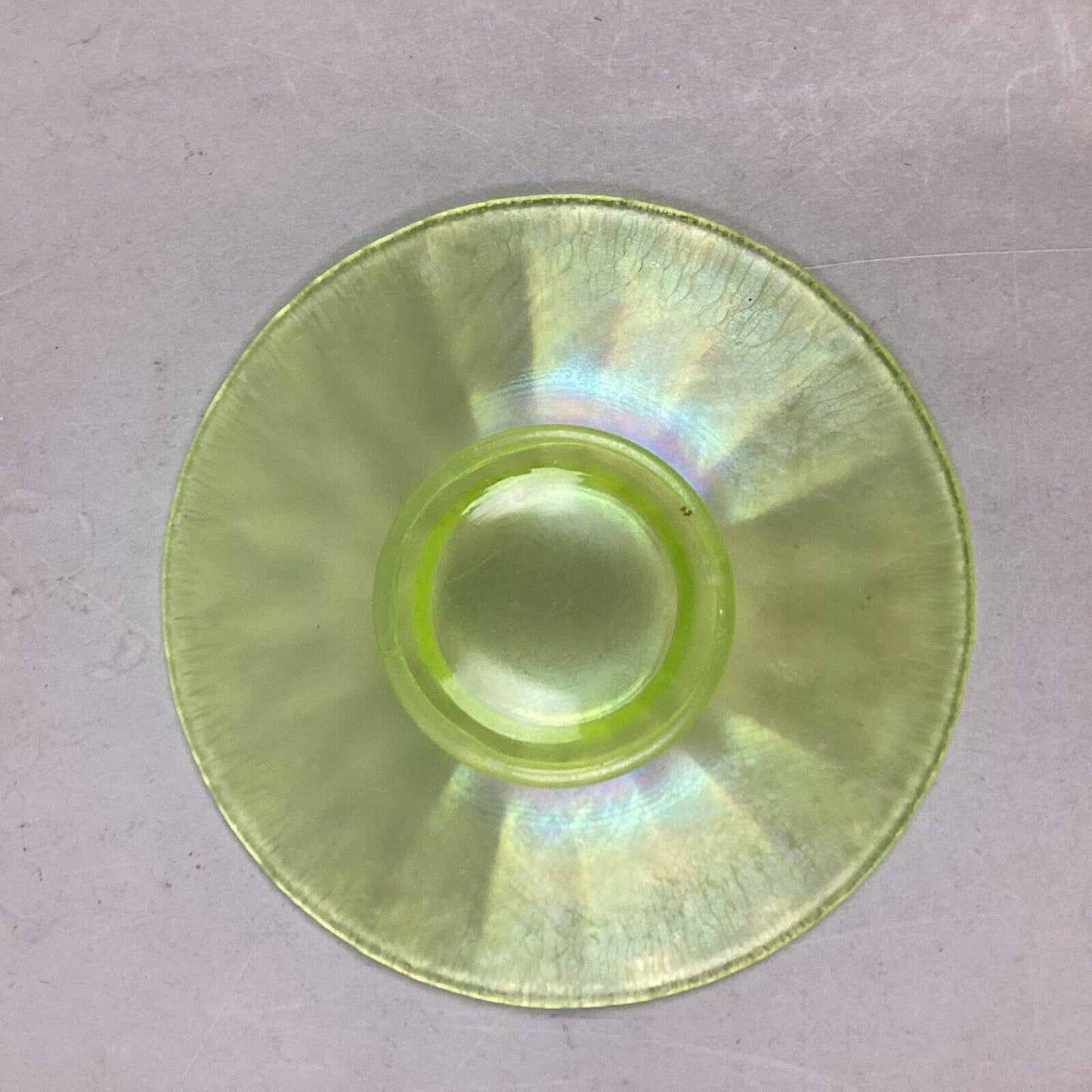 Set Of 2 Iridescent Uranium Glass Plate/Saucer Yellow Green Glows - 6.25”