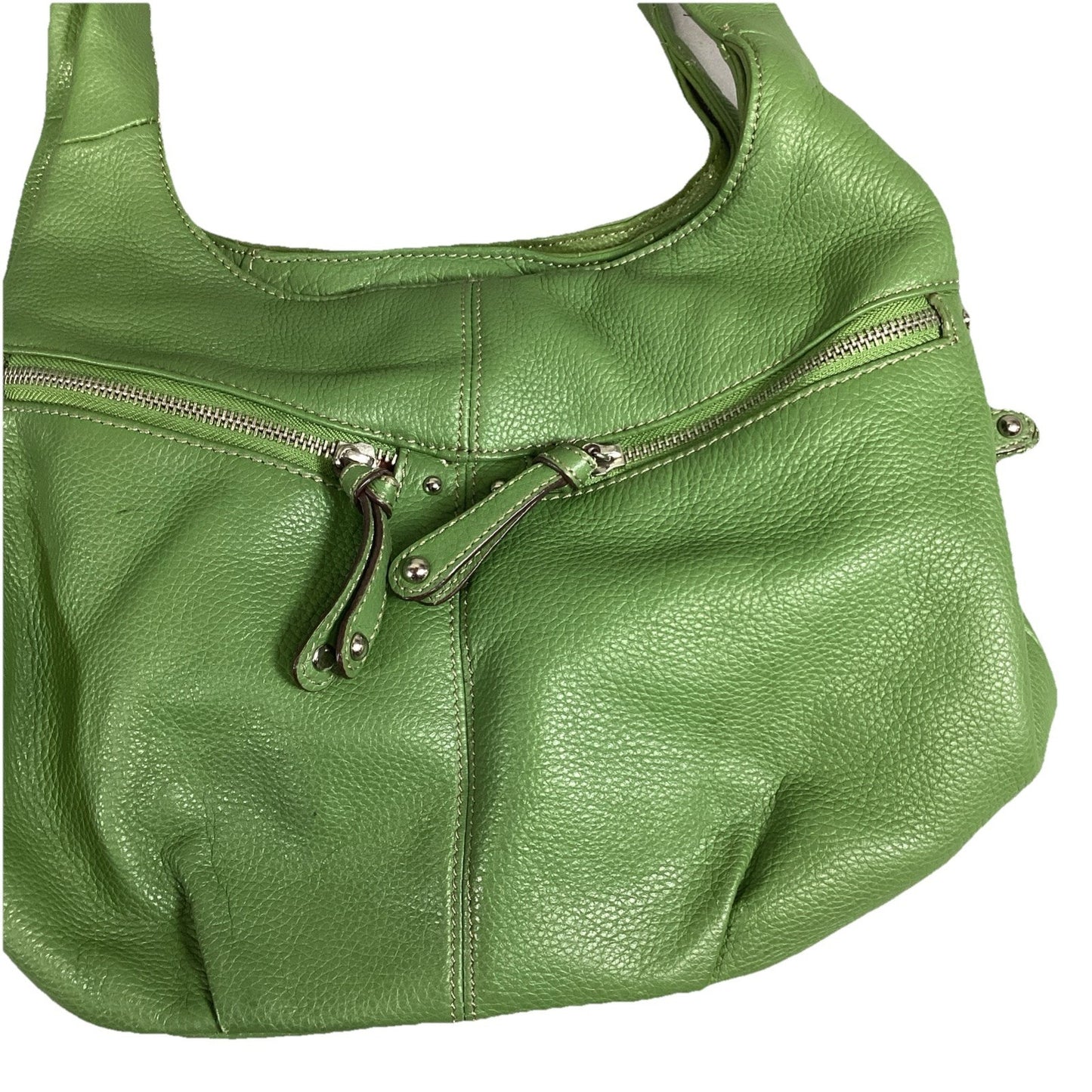 TIGNANELLO Double Handle Green Pebbled Leather Satchel Shoulder Bag Purse