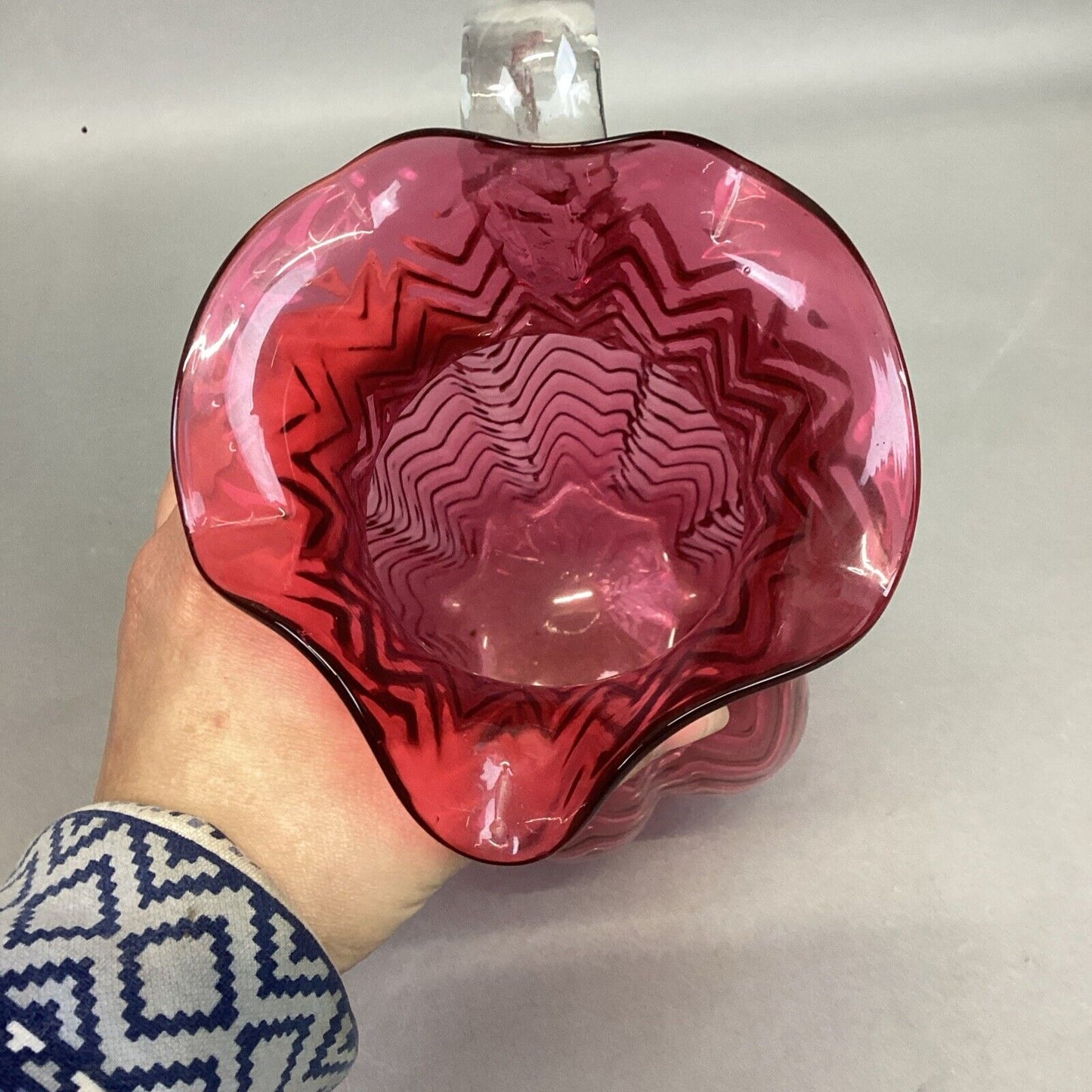 Vintage Fenton Cranberry Swirled Glass Pitcher - 8.75”H