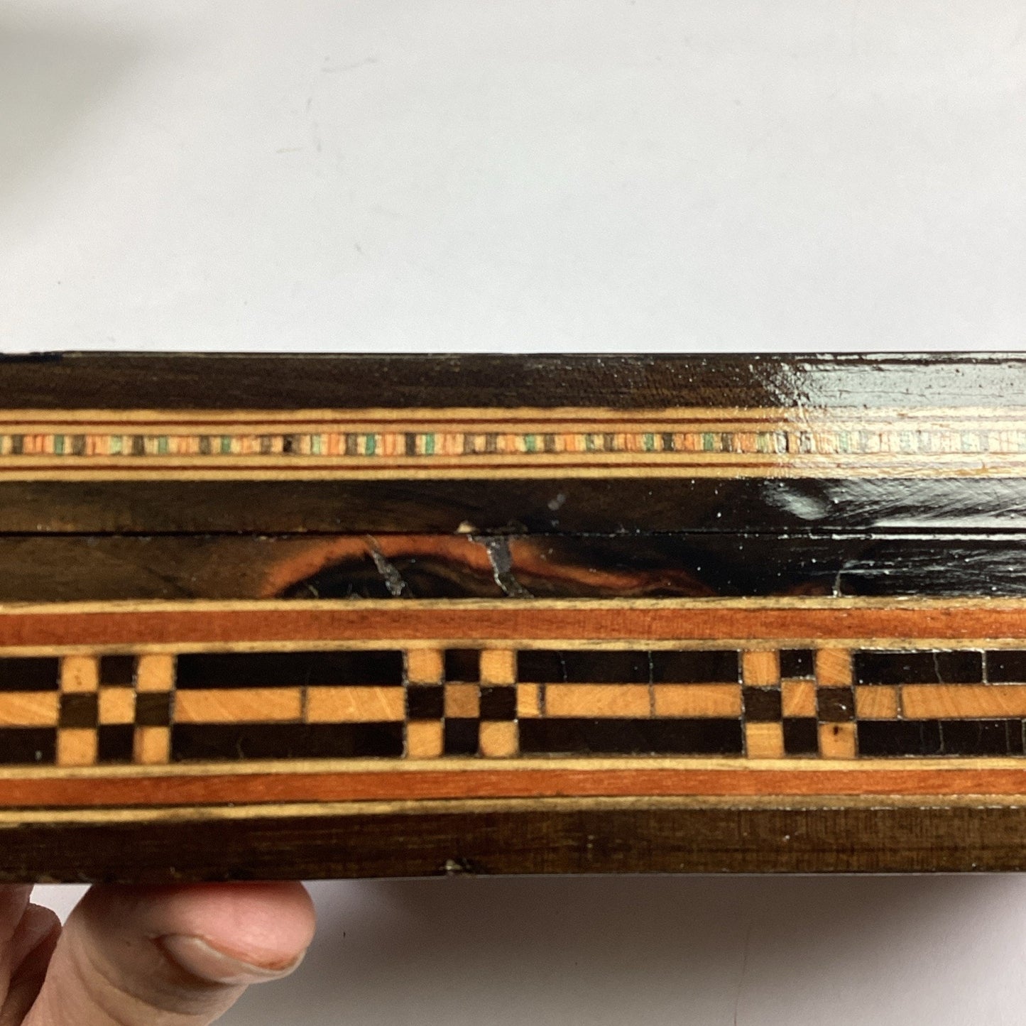 VINTAGE Mosaic Wooden Jewelry Hinged Trinket Box W/ Red Velvet Interior - 7.75”L