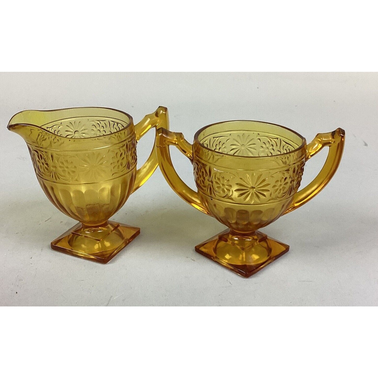 Vintage Indiana Glass Amber Depression Glass Daisy Pattern Footed Cream & Sugar