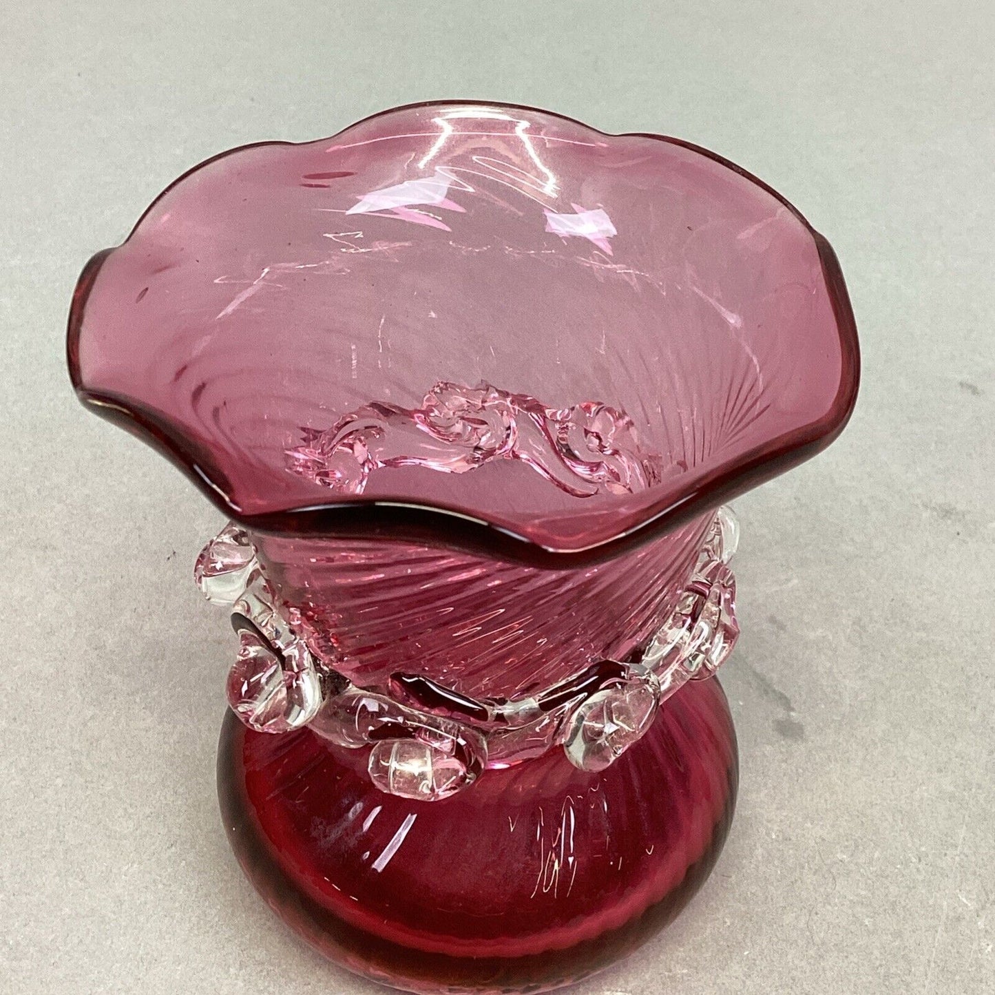 Vintage Hand Blown Pilgrim Glass Swirl Cranberry Vase - 3.5”H